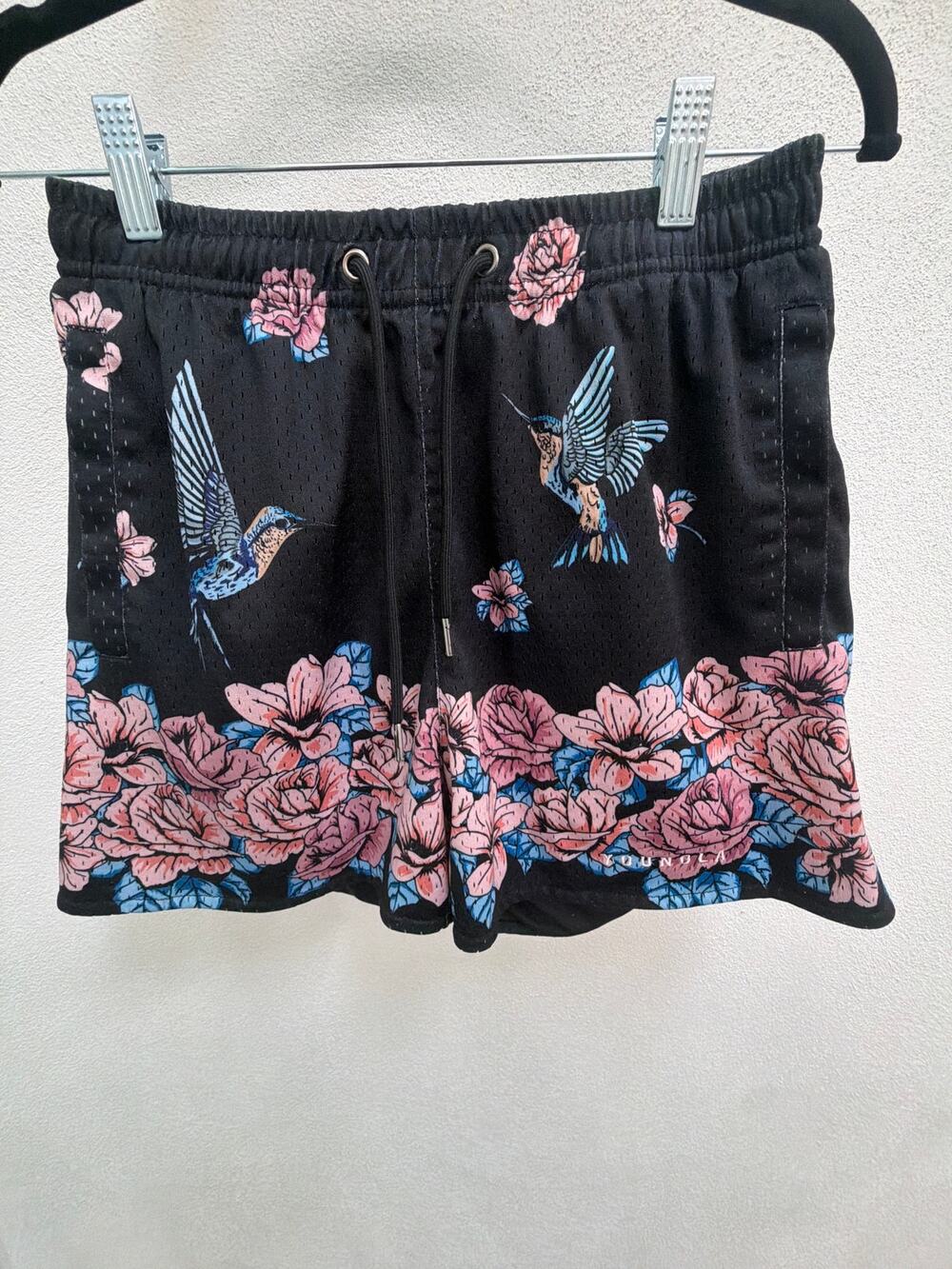 YoungLA Mesh Gym Shorts Mens Small Black Pink Floral Hummingbird Nest Athletic